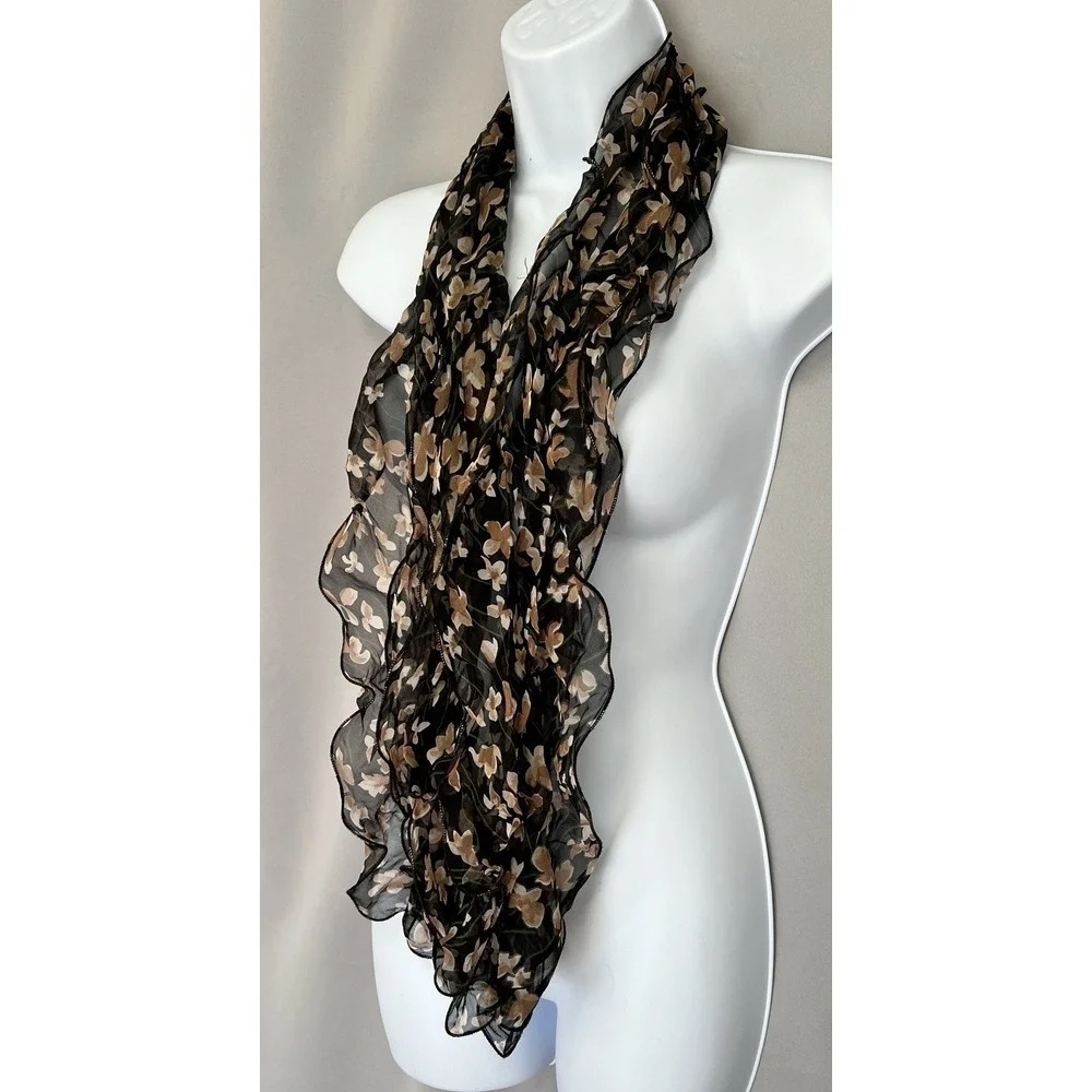 Women's Scarf Ruffle‎ Floral Black Beige